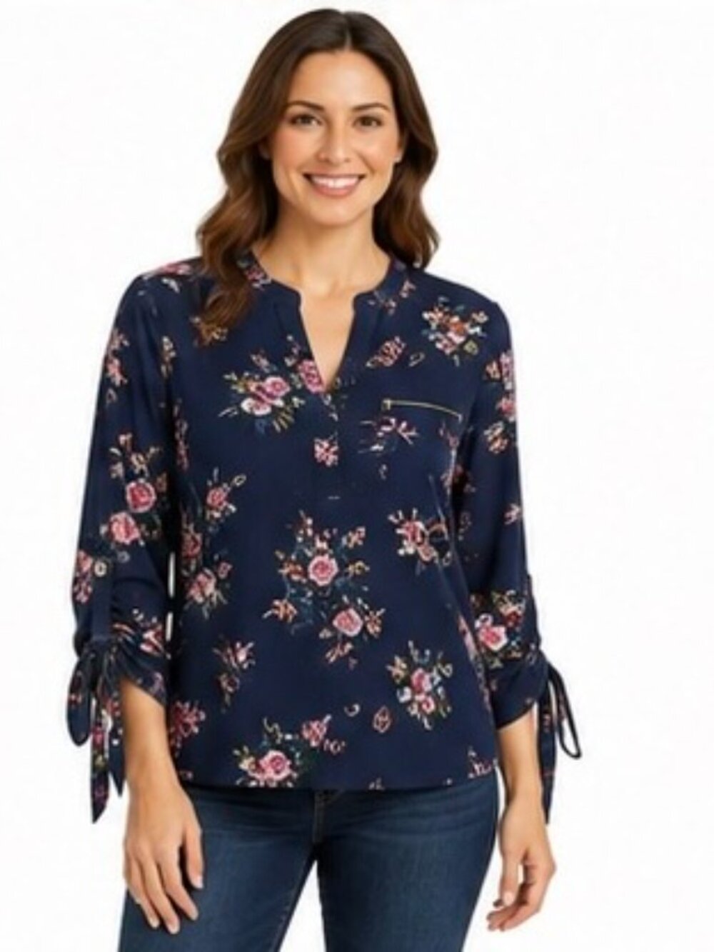 Justify Women's 2XL Navy Floral Blouse Tunic Long Sleeve Zip Pocket Top
